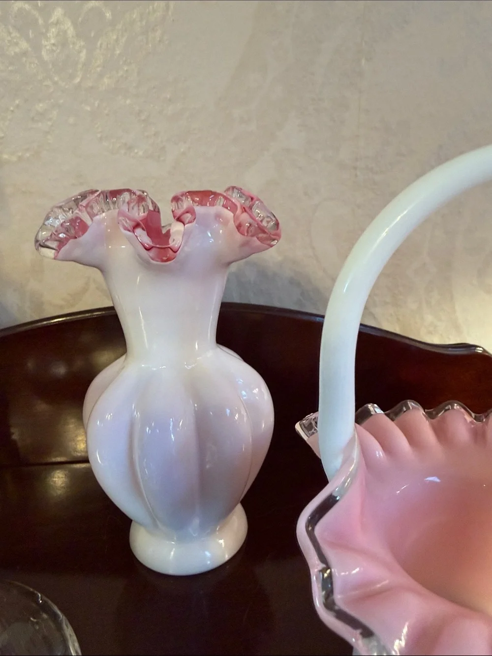 Fenton Pink and White Ruffled Glass Basket, coin dot  Vase